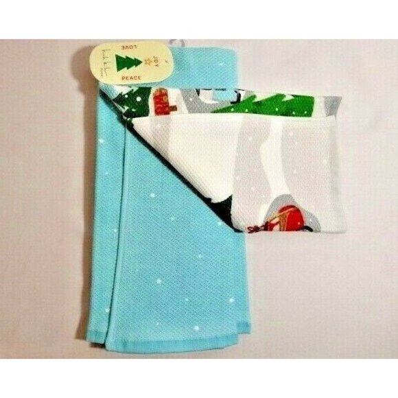 Nicole Miller 2 Kitchen Towels Beach Van Woody Wagon Red Truck Winter Holiday - Picture 3 of 3